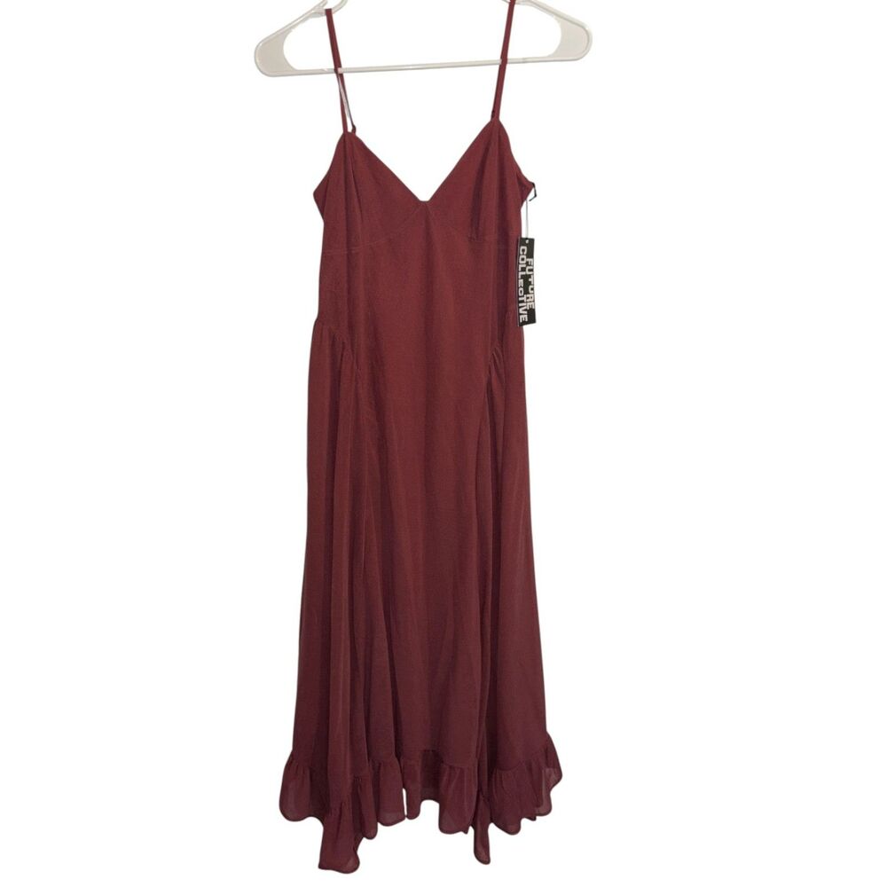 Future Collective Burgundy Maxi Dress Small Flowy Ruffle Hem Dress NWT